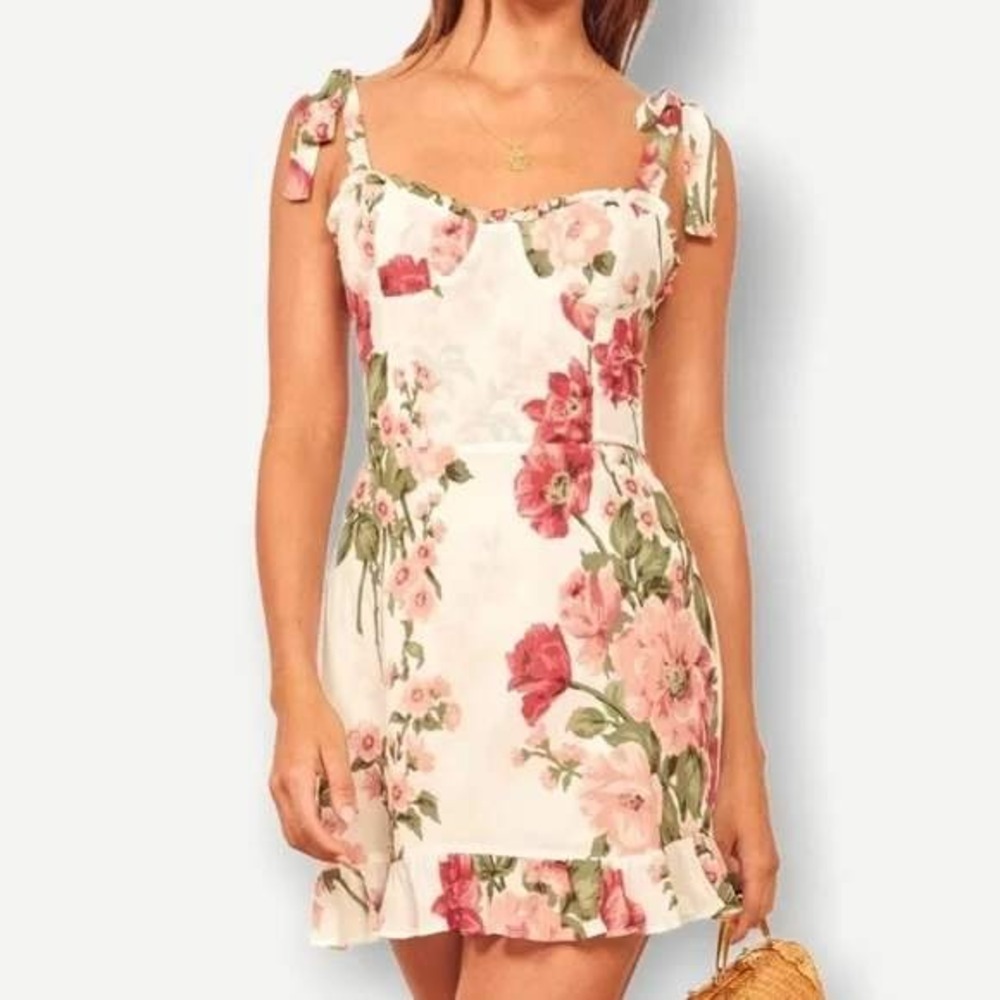 Reformation Christine Dress Etienne‎ Pink Floral Size 12 White Ruffle Sweetheart